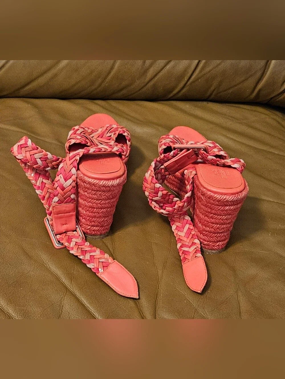 Hermes Coral Braided Espadrille Wedge Sandals Heels Size 5 US